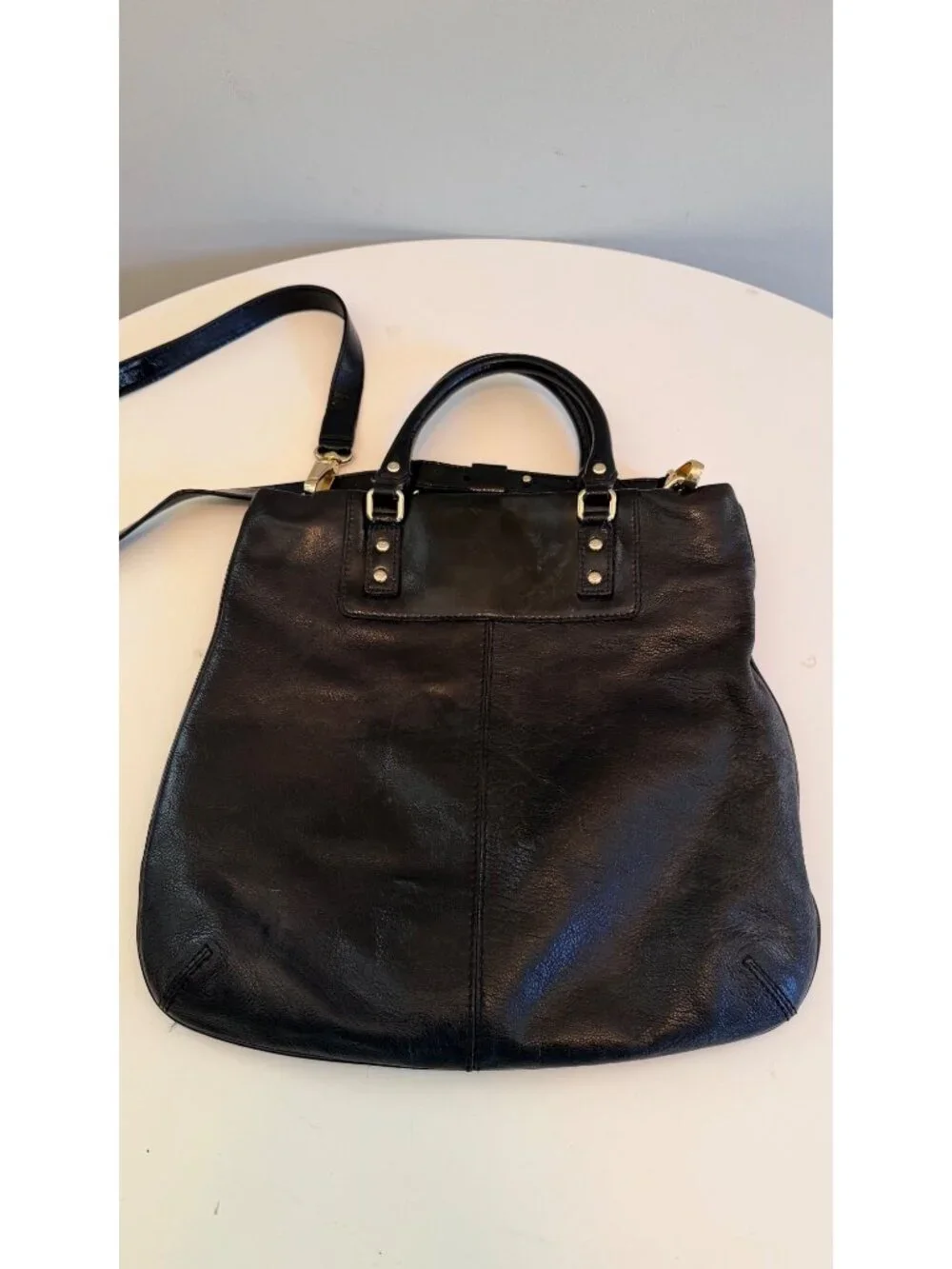 Kate Spade Black Leather Crossbody Tote With Polka Dot Lining & Adjustable Strap